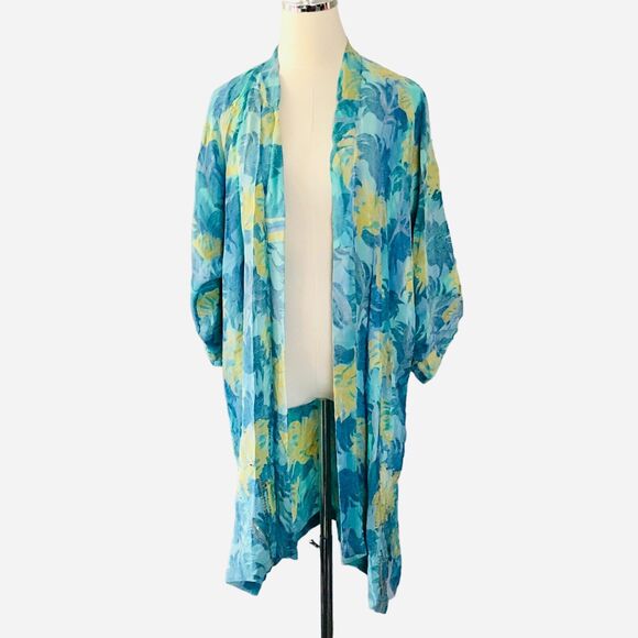 Indie Ella Silk Robe One Size Blue Green Boho Floral Beaded Sequined Kimono - Picture 3 of 16